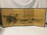 Vintage Post WWII Asian ink landscape painting 4 panel table top divider room screen - signed