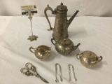 7 pc lot of antique sterling silver & silverplate tea set incl. 3x Hattie sterling sugar tongs &