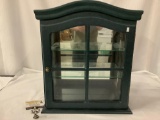 Wood display case with glass windows doors and 2 glass shelves