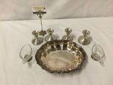 Lot of 7 sterling silver & silver-plate pieces incl. 4 weighted sterling candle sticks and more