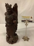Rosewood carved winged DED sculpture with incised designs, crack on base