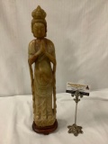 Antique Thai soapstone carved Asian female figure with wooden base