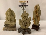 3 antique Asian soapstone carvings w/ wood bases -l a Buddha, a monk & a floral arrangement