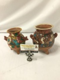 2 pc of hand painted Mexican or South American clay pottery pieces with bird motifs