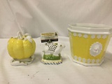 3 Portuguese china pieces. A Vista Allegre pumpkin jar and bucket, and an AE rabbit pepper shaker