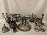 13 pieces of antique silver plate home decor, including wind up music box, pitchers, etc