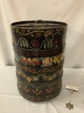 Antique German hand painted rolling wood barrel clothes hampers with brass handles - colorful design