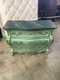 Modern 3 drawer painted dresser with bowed front, ornate design and a faux marble laminate top