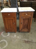 2 matching antique marble top side tables or nightstands with rustic charm
