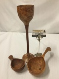 3 carved kitchen pieces - 2 measuring cups (1 by JD WIlson) & a large goblet with strong burl