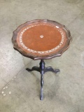 Vintage leather top mahogany pie crust side table w/ silvered design