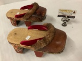 Antique Asian hand painted ceremony/festival sandals with wood, brass, leather and fur