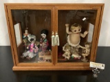 Vintage wood/ glass door display case with Asian dolls / collectibles; cloth Kappa dolls, and more