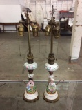 Set of two english porcelain hand painted 50's table lamps with boy/girl bases- no shades as is