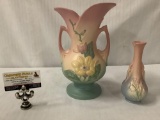 Lot of 2 Hull Art ceramic flower vase and pitcher vase in pastel colors, small vase has chip