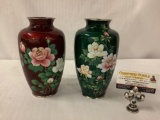 Pair of metal Cloisonne flower vases with floral design - unmarked