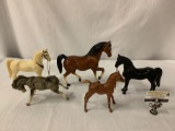 5 piece vintage toy horse collection, 2x marked Breyer Molding Co., 2x with chain bridle