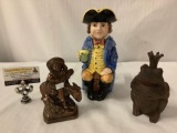 3 antiques - Frog Prince cast iron paper weight, ceramic stein & copper man on donkey coin bank