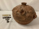 Vintage South American clay pottery pot with fish design - made in South America