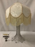 Crystal glass base art nouveau table lamp with patterned fringe shade
