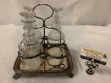 Antique cruet dinner set with silverplate carrier and 3 glass cruets - no makers mark