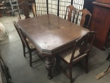 Vintage solid 40's/50's dining room table w/ 6 chairs incl. captains chair - some wear see pics