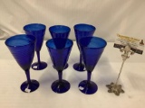 6x cobalt blue crystal drinking glasses with swirled design