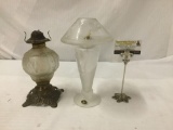 2 antique kerosene lamps - Rare polish oil lamp w/ hunting scene & Owl 3 face kerosene lamp