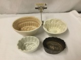 4 antique jello/cake molds, tin and ceramic/stoneware - one marked Minton