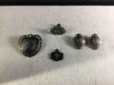 5 piece antique sterling silver jewelry set, earrings, pendant, brooch - romantic figure design