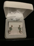 Pair of gold with cultured freshwater pearl and jade earrings.