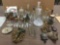 Lot of Assorted Vintage Collectibles. Crystal Decanters and Glasses, Buttons, marches, Figures, etc.