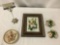 4 Capodimonte flower art pieces made in Italy incl. 1 framed piece, 2 candle holders and a plate