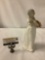Tengra porcelain figurine, girl with cat, w/ tag, hand made in Spain, approx 10x5 inches