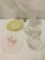 6 pc lot of unmarked antique glassware incl. pink treats dish, crystal pitcher and yellow plate