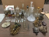 Lot of Assorted Vintage Collectibles. Crystal Decanters and Glasses, Buttons, marches, Figures, etc.