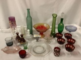 Over 20 pieces of vintage colored art glass home decor, cut crystal mug, vases, candy dish,