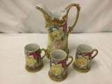 4 Piece Porcelain Pitcher and Mug Handpainted Set, Marked Nippon with Maple Leaf Stamp. 5 and 12
