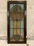 Antique wood frame multi-color stained glass window, with damage, approximately 19 x 42 inches
