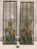 2x vintage stained glass windows with flower design, damaged/cracked, approx 12 x 39 inches