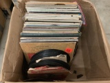 Open box lot of unsorted vintage records, vinyl Lps, empty covers, antique 78s , approx 18 x 18 x 15