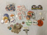 Collection of political - Mosco circus buttons, pins, patches, wooden nickels, Cirque du Soleil