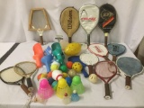 Large collection of Racquetball rackets, balls, frisbee, badminton birdie and more sports equipment