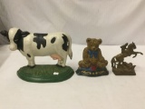 x3 Cast Metal Animal Statues/Bookends. Cow, Bear, and Horse
