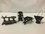 X4 Minature Cast Iron Painted Pieces: Scale, Coffee Grinder, Wheelbarrow, Coal Bucket