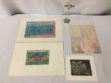4x artworks; 3x original watercolor paintings signed by Olga (1962), mezzotint by Betty Greisen
