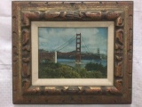 Print of Landscape Painting of Golden Gate Bridge, unsigned in ornate frame