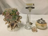 4x vintage home decor; Cherub Capodimonte center piece (repaired), Limoges (chipped), crystal,