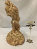 Lovers in embrace, nude/romantic ceramic Couple statue by Barb G., small chips, approx 17x7 inches.