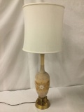 Decorative electric lamp with painted glass/ brass base and shade, tested and working, approx 41x16